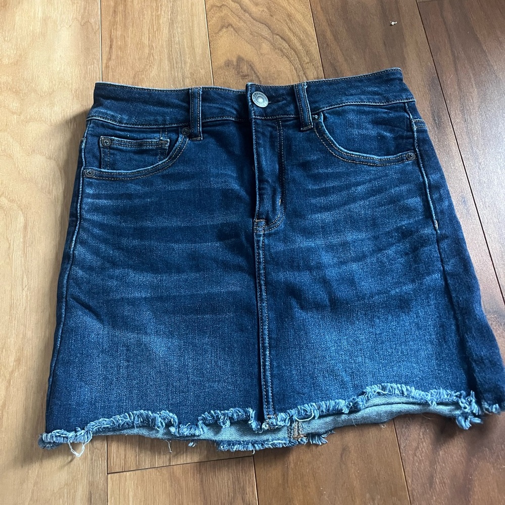 American Eagle Denim Blue High-Rise Frayed Hem Skirt